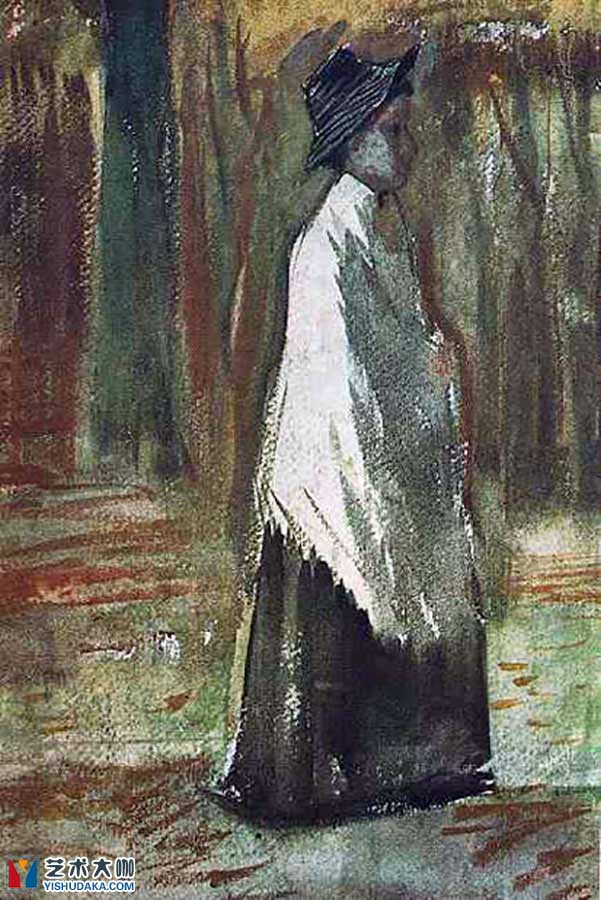 Woman with White Shawl in a Wood-oil painting