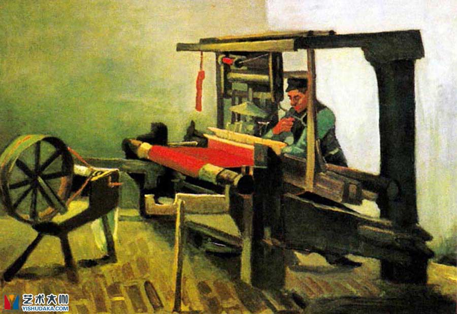 Weaver at the loom,with reel-oil painting