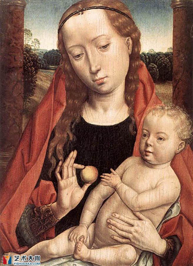 圣母抱着孩子去抓他的脚趾头油画作品