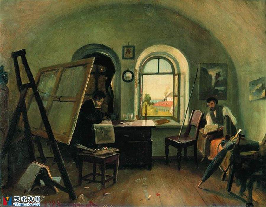 ivan shishkin and a guinet in the studio on the island of valaam-oil painting