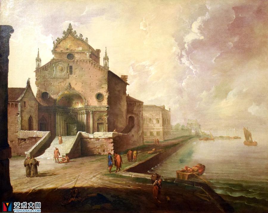 Capriccio with Gothic church and lagoon -oil painting