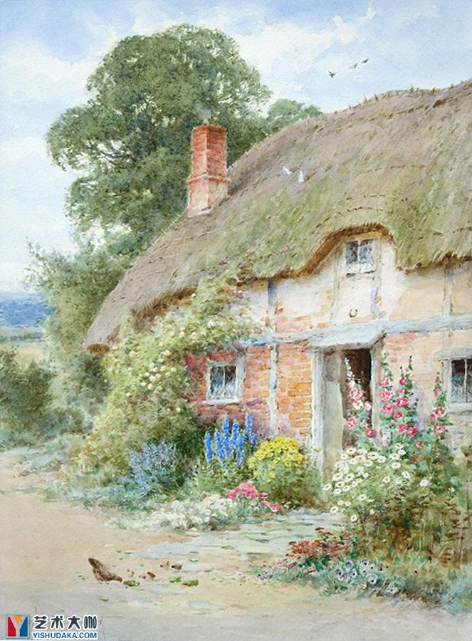 英国乡村别墅，绘画水彩作品