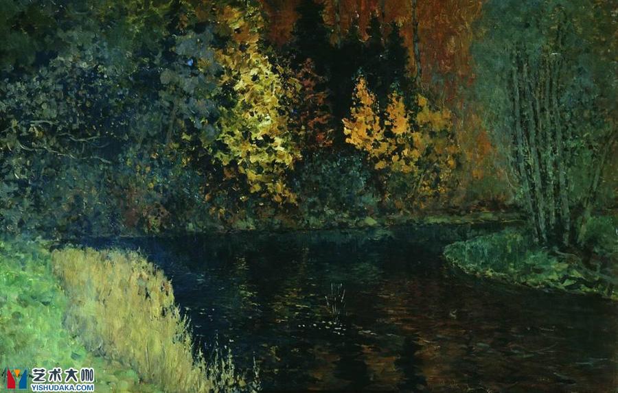 森林河,秋天油画作品