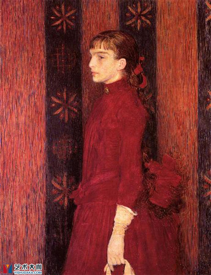 一个穿红衣服的年轻女孩的肖像油画作品