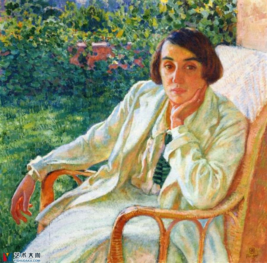 伊丽莎白・范瑞斯伯格坐在藤椅上油画作品