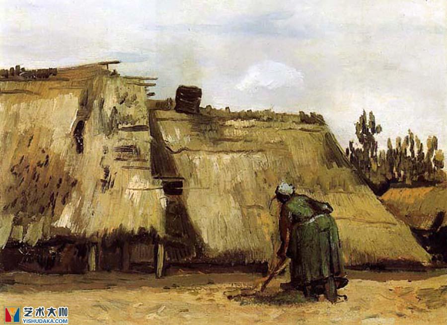 Cottage with Woman Digging-oil painting
