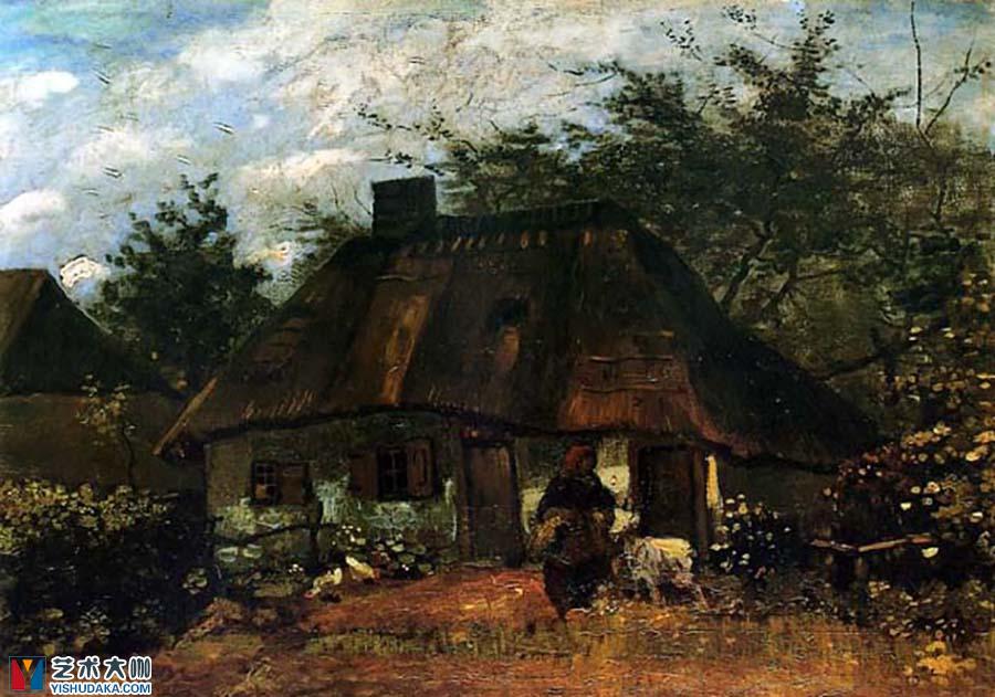 Cottage and Woman with Goat-oil painting
