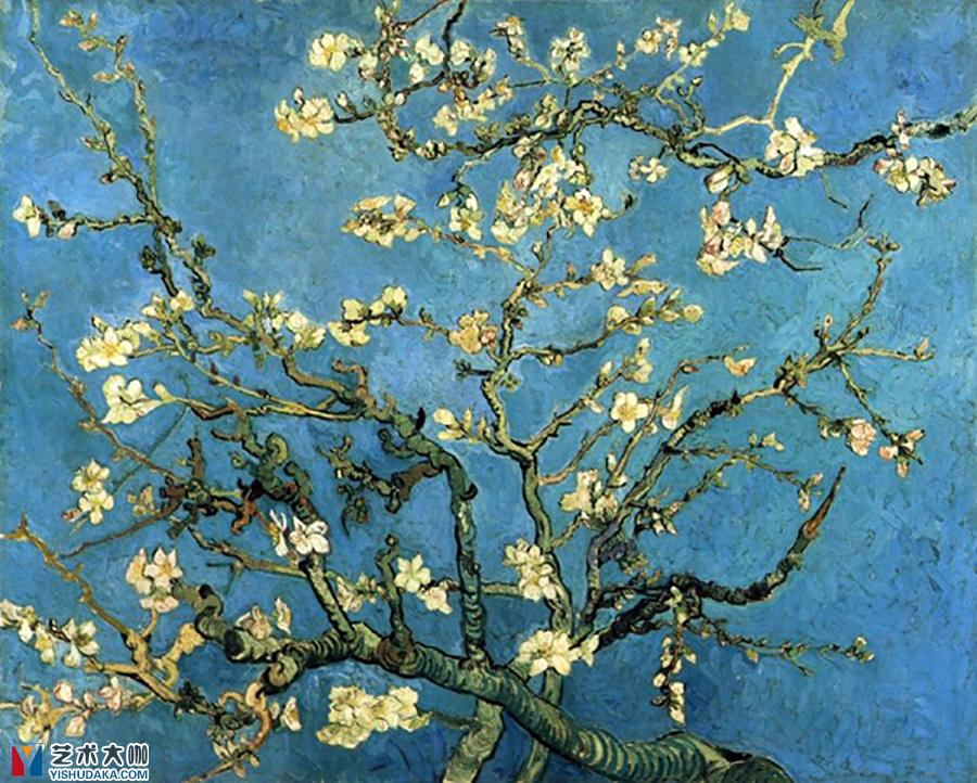 杏花,带杏仁的树枝开花（蓝色）油画作品
