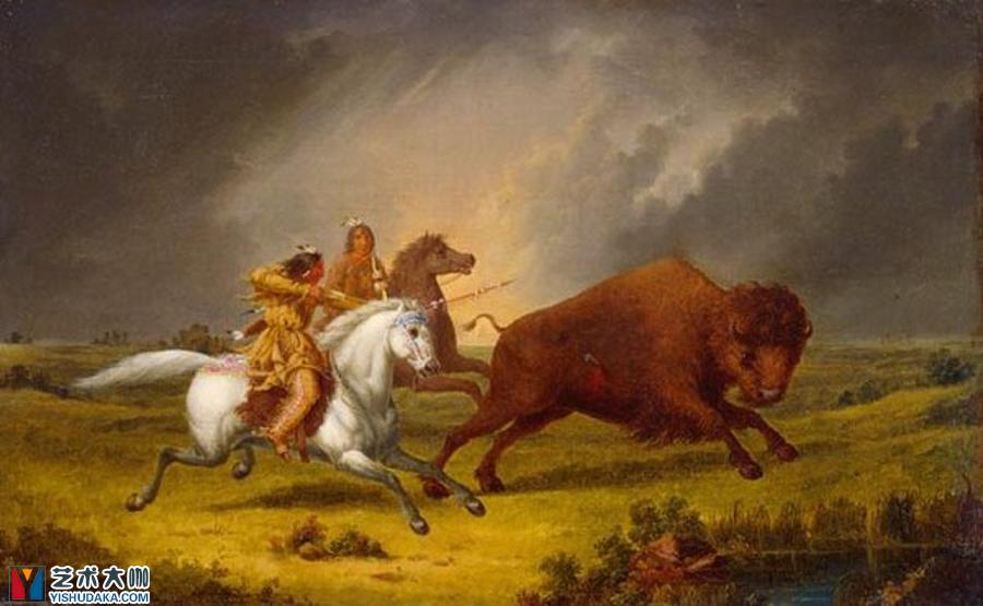 阿西尼玻人捕猎野牛油画作品