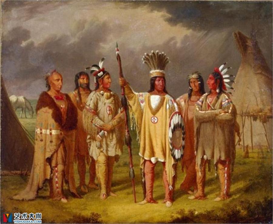 大蛇，黑脚印第安人的首领，向五个下属首领讲述他的战争功绩油画作品