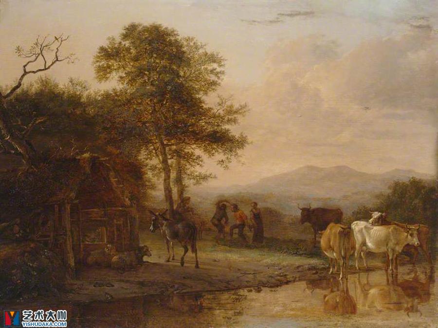 傍晚的景色，牛和农民随着烟斗的声音跳舞