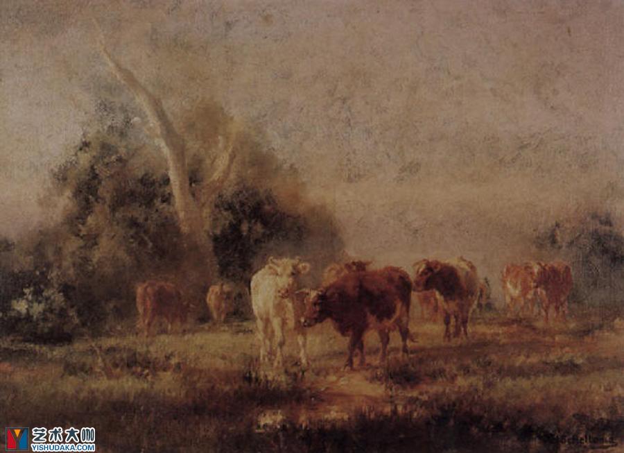 Cattle in landscape-oil painting