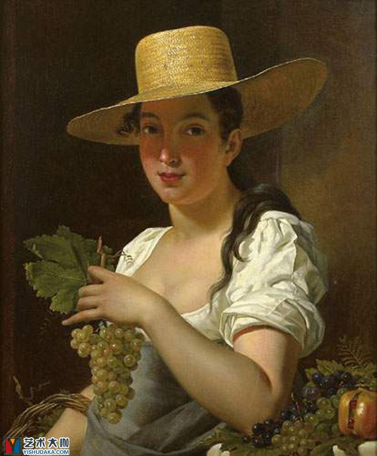 戴着帽子和手拿着葡萄的年轻女人油画作品