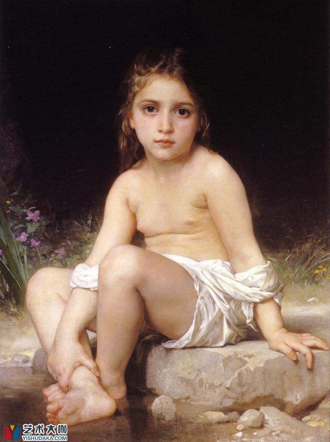 坐在水边的小女孩,小女孩在水边的石头坐着油画作品