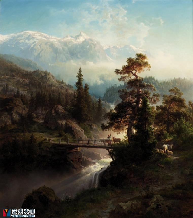 牲畜和瀑布的风景经典名作油画