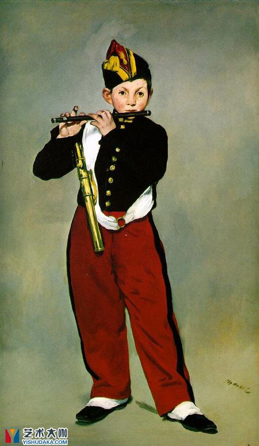 吹笛子的少年，长笛手，年轻的长笛手油画作品